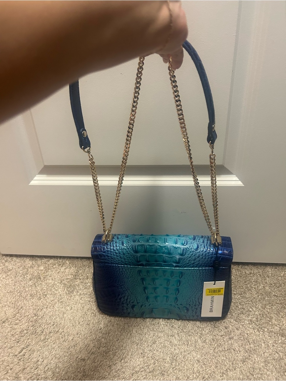 Brahmin Blue-to-Teal Ombre Croc-Embossed Shoulder Bag with Gold Hardware - Picture 5 of 9